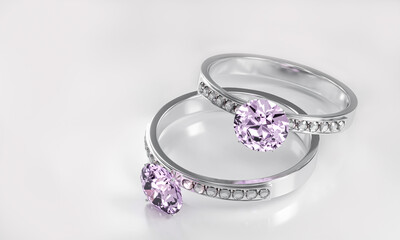 The large diamond is surrounded by many diamonds on the ring made of platinum gold placed on a gray background. Elegant wedding diamond ring for women.  3d rendering