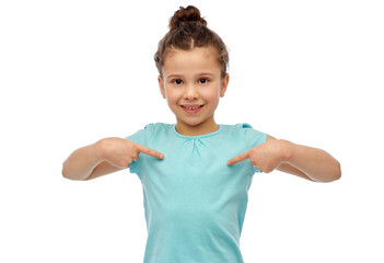 childhood, fashion and people concept - happy smiling girl pointing fingers to herself over white background
