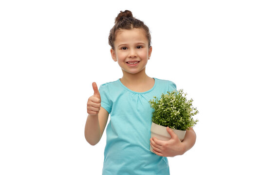 Environment, Nature And People Concept - Happy Smiling Girl Holding Flower In Pot Showing Thumbs Up Over White Background