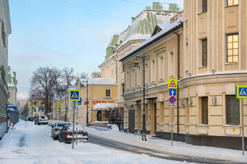 Moscow,  View of the 1st Cossack Lane on a frosty winter morning after heavy snow.