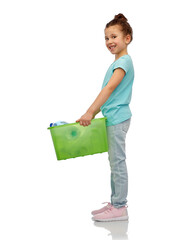 recycling, waste sorting and sustainability concept - smiling girl holding box with plastic bottles...