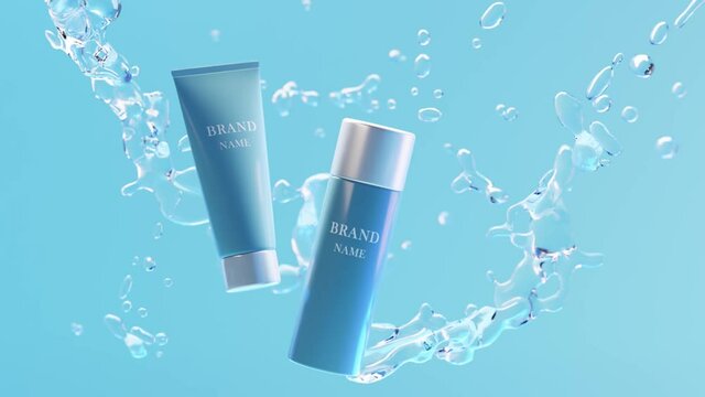 Cosmetic products in water splash. Realistic 3d animation of packaging mockup design. Natural moisturizing cosmetics, cleansing toner, skin care gel in blue bottles and tube falling in water surface.
