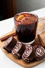 Hot red wine punch, close up for a restaurant menu, white background, minimalist photo