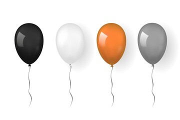 Balloon 3D icon, isolated white background. Baloon mockup for Halloween party celebration. Realistic black orange silver design. Helium gift ballon with ribbon. Glossy decoration. Vector illustration