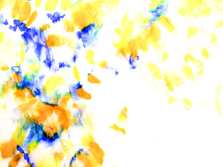 Watercolor Print. Authentic Brushed Art. Watercolor Pattern. Yellow Tie Dye Print. Orange Handmade Dirty Art. Artistic Dirty Art. Aquarelle Texture. Brushed Graffiti.Tie Dye Shirt. Blue