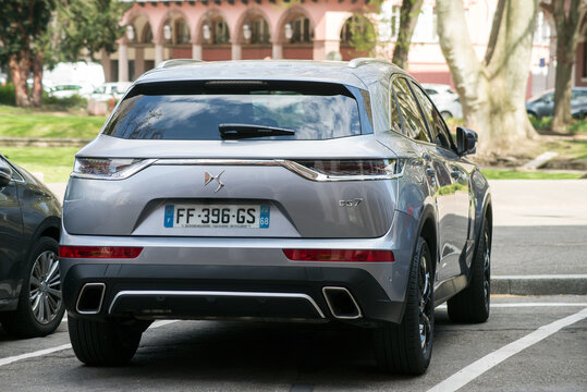 Mulhouse - France - 18 April 2021 - Rear view of grey Citroen DS7 cross back parked in the street
