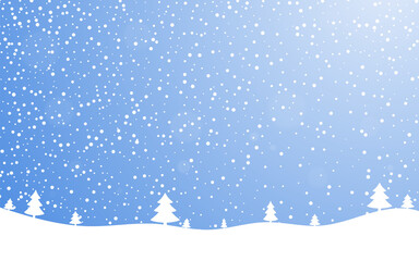 Christmas holiday background. Winter snow december landscape, white cold falling snowflake. Christmas tree on hill. Snowfall blue sky wallpaper. Wonderland abstract magic texture Vector illustration