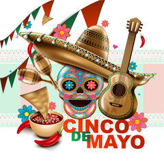 Cinco de Mayo mexican holiday. Sombrero hat, Maracas and Tacos and festive food with colors of Mexico flag. vector illustration.