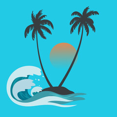 Isolated coconut palm tree sunset and wave on blue background. Vector design illustration.
