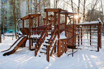 Playground on a frosty morning after a snowfall