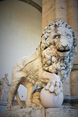 Florence, Tuscany, Italy: ancient statue of a lion in Piazza della Signoria, sculpture that depicts a lion with a sphere under one paw