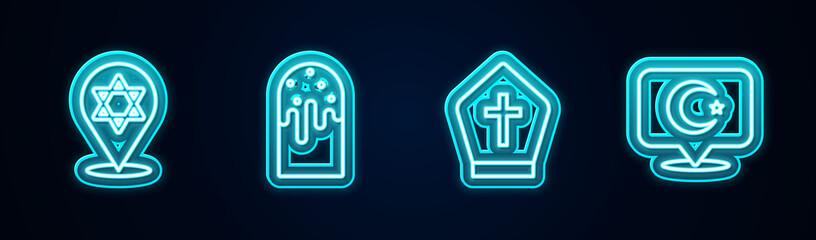 Set line Star of David, Easter cake, Pope hat and and crescent. Glowing neon icon. Vector