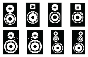 Various types of speakers icons. Audio equipment. Silhouette vector