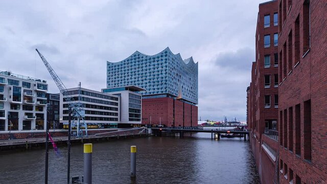 Day Time Lapse of of the harbor district and the concert hall "Elbphilharmonie", Hamburg, Germany