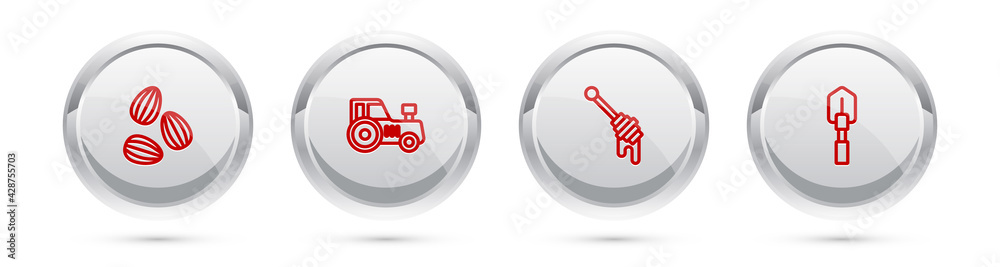 Sticker Set line Seeds, Tractor, Honey dipper stick and Shovel. Silver circle button. Vector