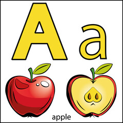 children's ABC-coloring book with fruits and vegetables. Colored letters, fruits and vegetables