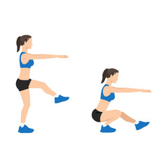 Fototapeta na wymiar Woman doing single leg squats. Pistol squats flat vector illustration isolated on white background