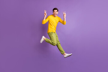 Full size profile side photo of young man happy positive smile jump show peace cool v-sign isolated...
