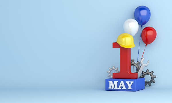 Happy Labor Day or may day decoration background with 1st May and hard hat construction helmet balloon, copy space, 3D rendering illustration