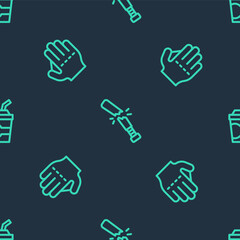 Set line Broken baseball bat, Baseball glove and Paper glass with water on seamless pattern. Vector