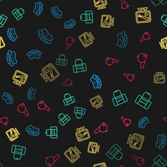Set line Hotdog sandwich, Sport bag, Monitor with baseball game and Baseball cap on seamless pattern. Vector