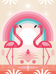 Beautiful Pink flamingo, rainbow. Summer time. Vector illustration, poster, card, banner, flyer design