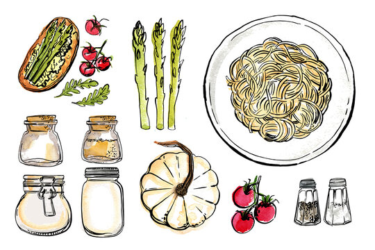 Spaghetti. Pasta painted watercolor on a white background. Ink sketch of food. Italian food.
