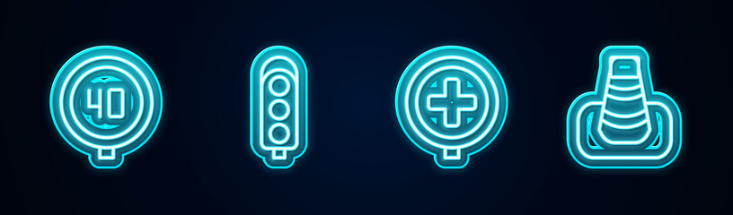Set line Speed limit traffic, Traffic light, Hospital road and cone. Glowing neon icon. Vector