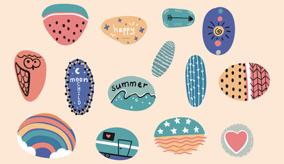Set of creative hand drawn summer illustrations for cover, sticker design. Collage of 14 designs on stones with trendy hipster doodles and lettering. Isolated drawings in vintage colorful style.