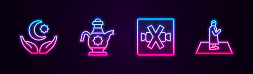 Set line Star and crescent, Islamic teapot, No sweets and Muslim man prays. Glowing neon icon. Vector
