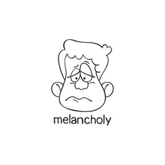 Melancholy. Emotion. Human face. Cartoon character. Isolated vector object on white background.