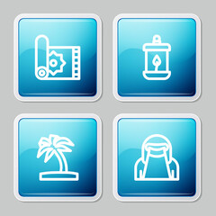 Set line Traditional carpet, Ramadan Kareem lantern, Tropical palm tree and Muslim woman in niqab icon. Vector