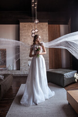 a lot of fat. bride in fancy dress. wedding dress with long arms. dark interior