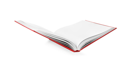 Open book with red cover on white background