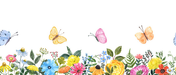 Spring or summer floral seamless border. Watercolor cute colorful wildflowers, forest plants, flying butterflies. Meadow frame on white background. Hand painted botanical illustration.