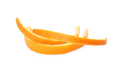 Fresh orange fruit peels on white background