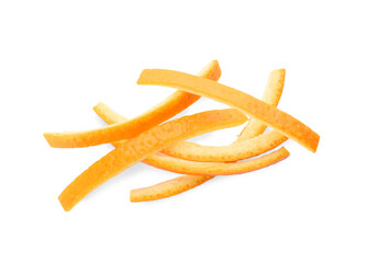 Fresh orange fruit peels on white background, top view