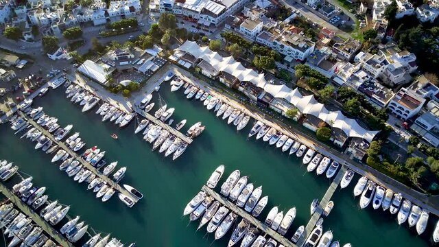 Amazing panoramic view from drone of beautiful full of yachts Bodrum harbour and ancient Kalesi castle in Mugla province in Turkey