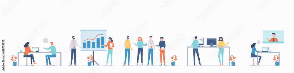 Poster flat vector business people team working and set cartoon character design concept