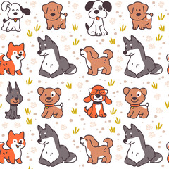 Seamless pattern design with cute little dog characters isolated on white background. Vector flat cartoon illustration. For kids gifts packaging, wrapping paper etc.