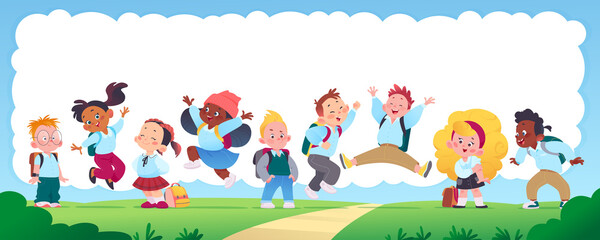 Obraz na płótnie Canvas Horizontal banner with multiracial happy school kids group with backpacks smiling, jumping and having fun on green lawn in sunny day. Vector flat cartoon illustration. For advertising, packaging.
