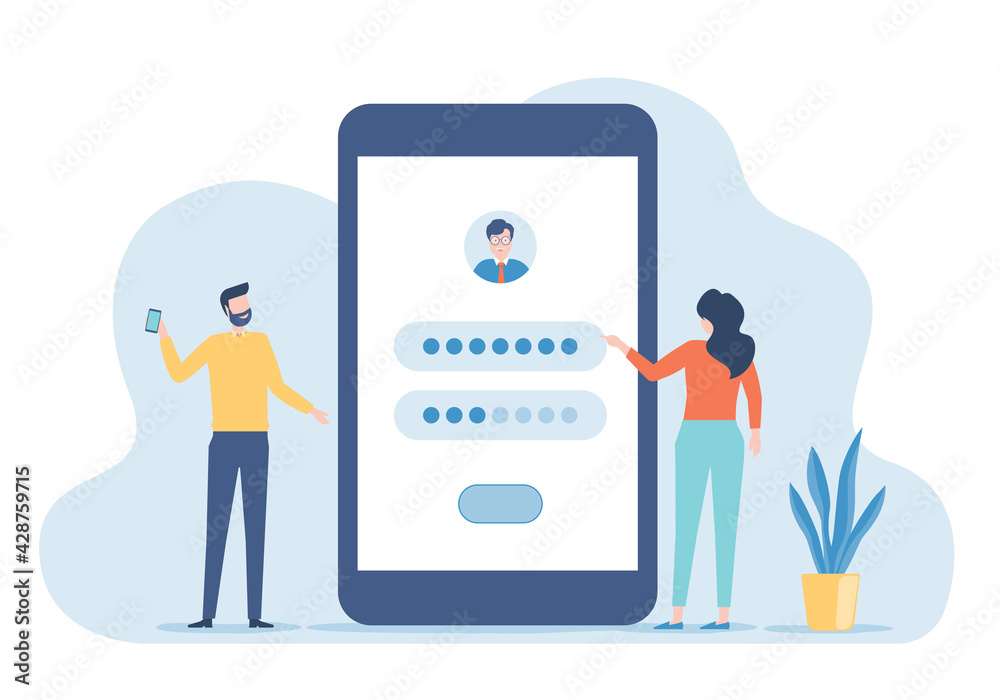 Aufkleber Flat vector developer team setting for user login application with mobile phone concept