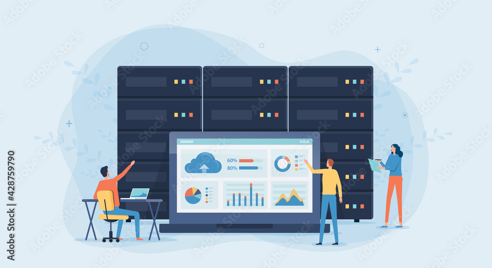 Aufkleber business technology cloud computing service concept and datacenter storage server connect on cloud with administrator and developer team working on dashboard monitor concept
