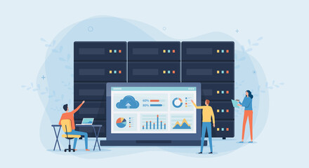 business technology cloud computing service concept and datacenter storage server connect on cloud with administrator and developer team working on dashboard monitor concept