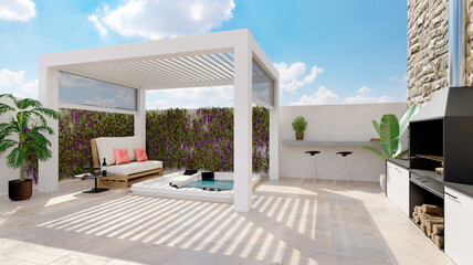 3D render of white outdoor pergola on urban patio with jacuzzi and barbecue - obrazy, fototapety, plakaty