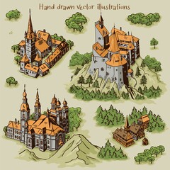 Hand drawn art settlements for cartography map work with colorful buildings and landscape from Transylvania architecture © QatlasMap