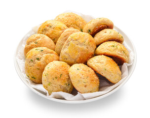 Steam buns with leeks and garlic, homemade pastries, freshly baked buns on a plate, isolated on a white background