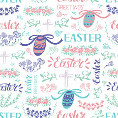 Seamless retro pattern with a Cross, flowers , eggs hand written