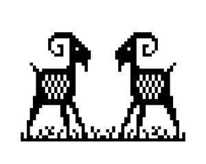 Pixel image of twin goats. Vector illustration of a cross stitch pattern.