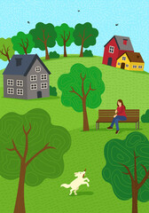 Obraz na płótnie Canvas Summer rural mood hand drawn fall season nature. Girl on park bench and walks dog. Lawn hills and trees. Countryside rest rustic scene eps illustration for poster, banner, card, brochure or cover